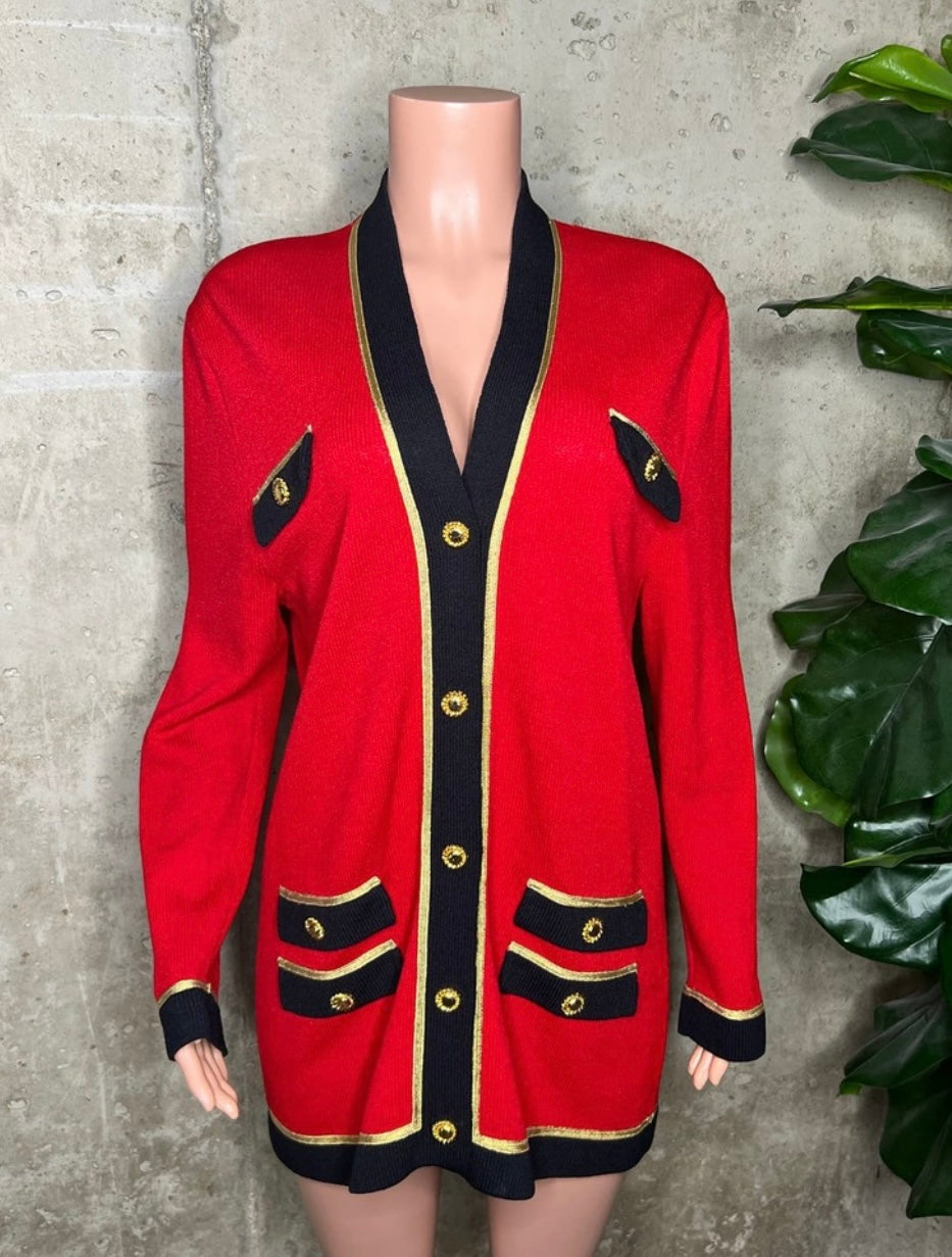 St. John Red and Black Knit Cardigan Sweater