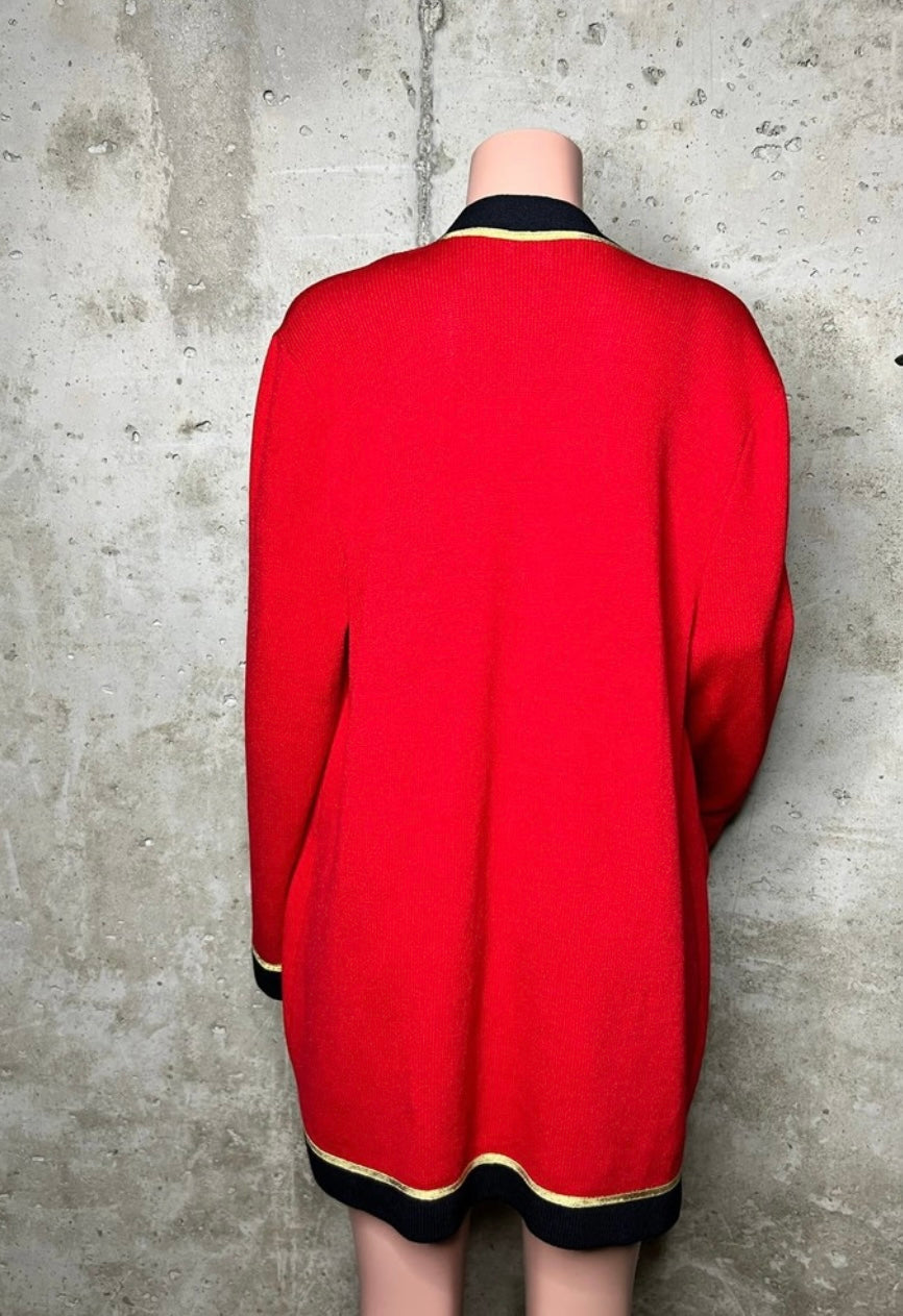 St. John Red and Black Knit Cardigan Sweater
