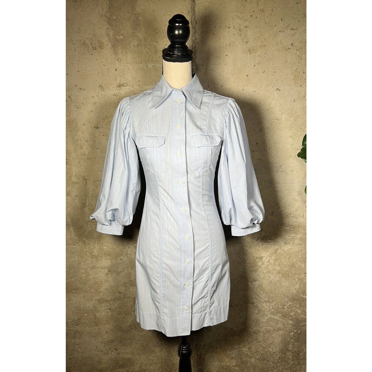 Ganni Blue Striped Puff Sleeve Shirt Dress Sz. X-Small