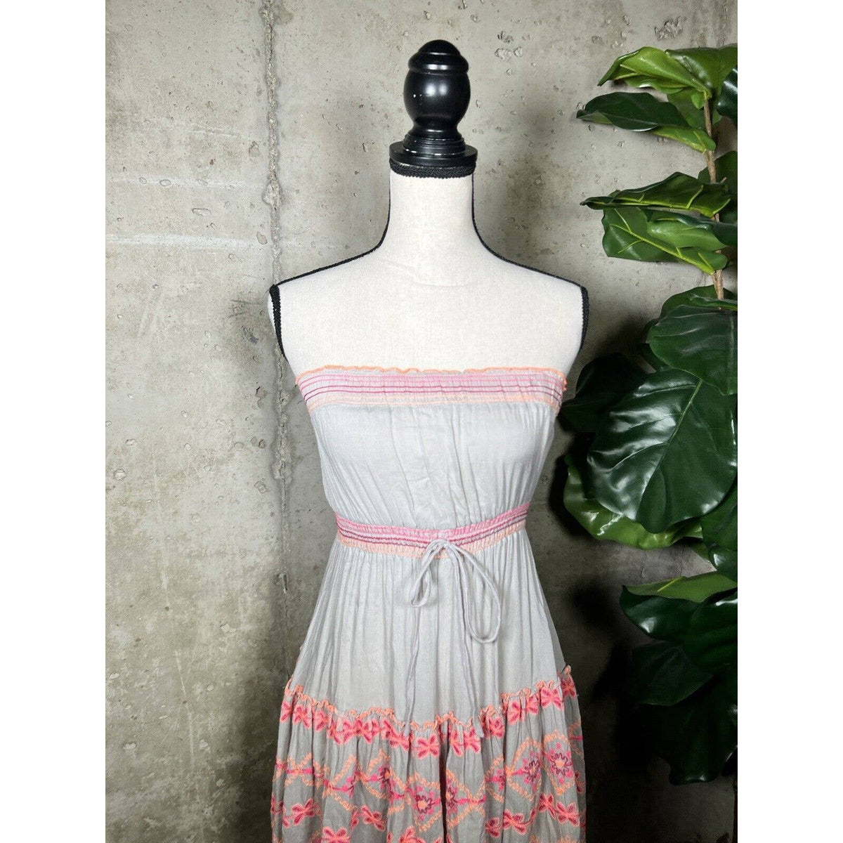 Poupette St Barth Floral Embroidered Tube Grey and Pink Dress Sz.1