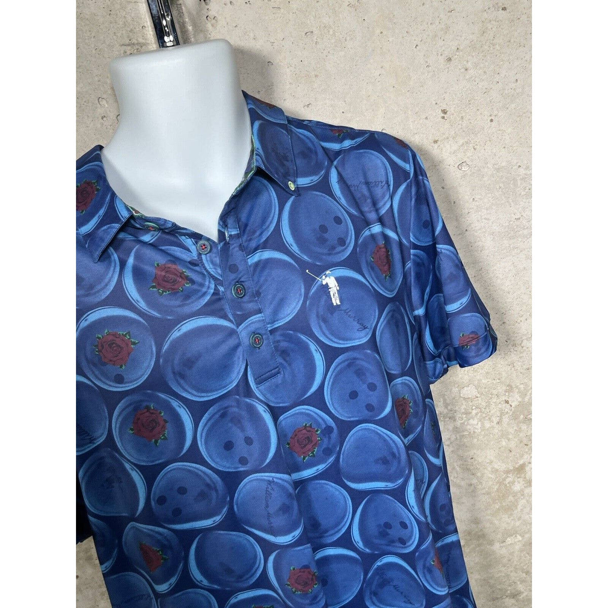 William Murray Golf Polo “Kingpin” Bowling Ball Roses Pattern Sz. Large