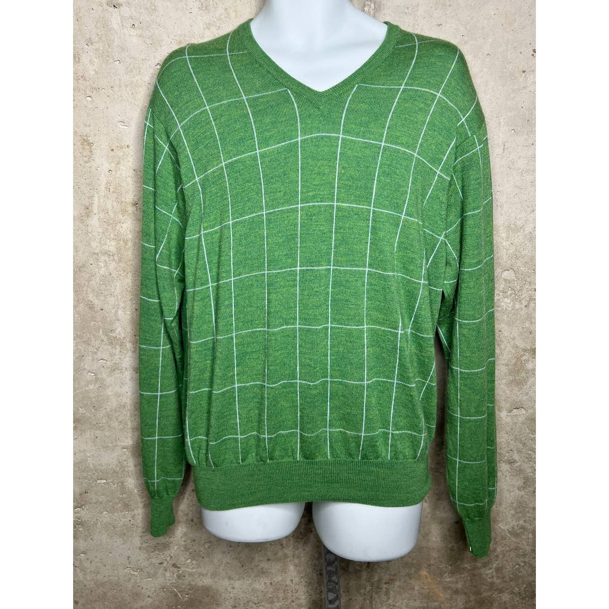 Peter Millar Green 100% Merino Wool Plaid Sweater Sz. Medium