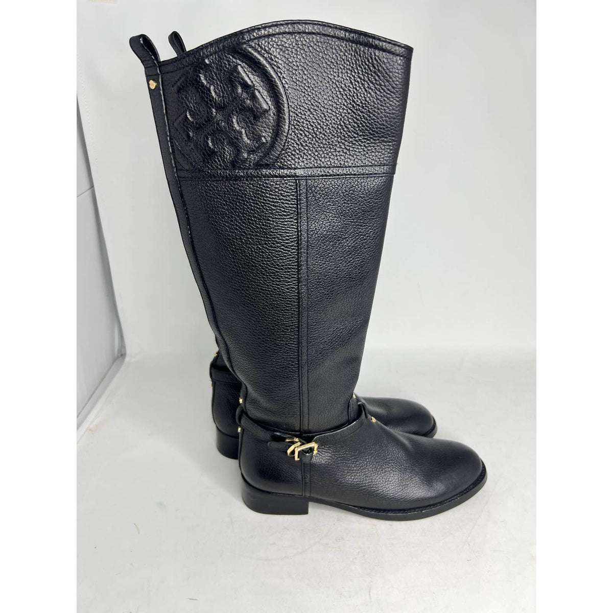 Tory Burch Marlene Black Pebbled Leather Logo Riding Boots Sz.10 M
