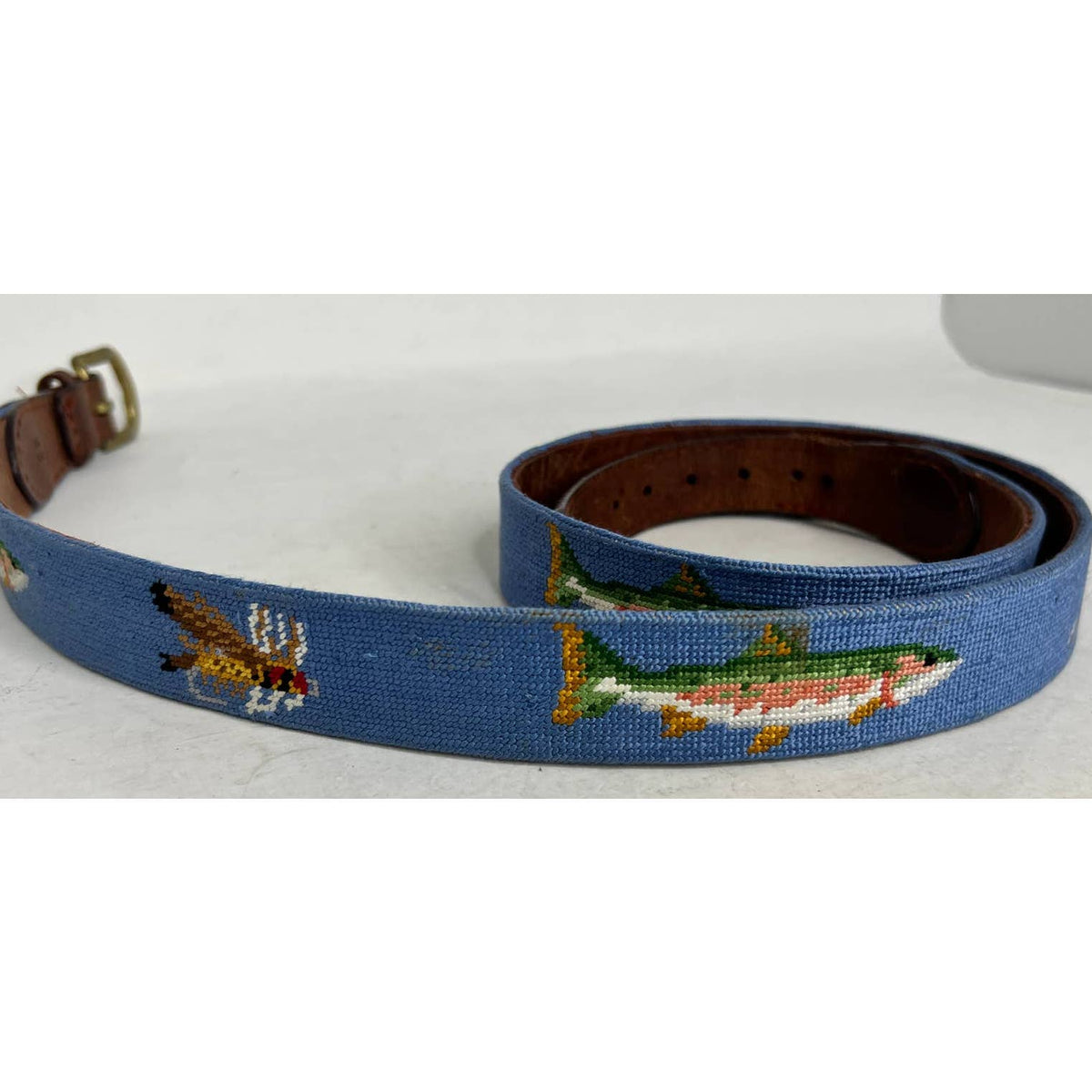 Smathers and Branson Trout and Fly Stream Blue Needlepoint Belt Sz.42