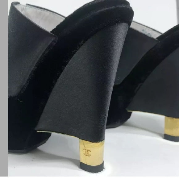 Chanel Iconic Black Suede Pearl Embellished Wedges Size 7